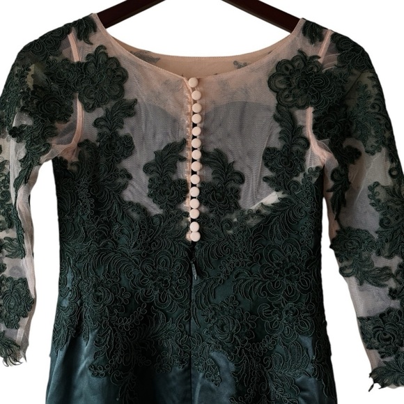 JJ’s House Emerald Green Beige Embroidered Satin Button Evening Gown Dress US 0 - Picture 7 of 15